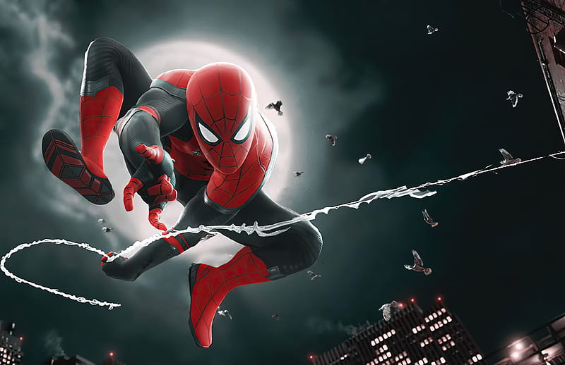 spider-man, marvel comics, jumping, moon, birds, Movies, HD wallpaper