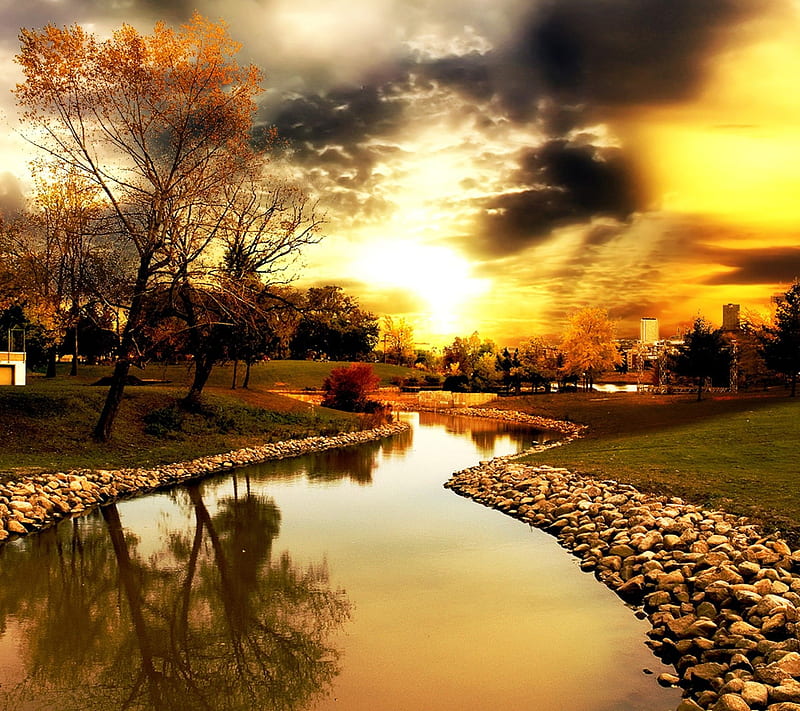 Fall, river, HD wallpaper