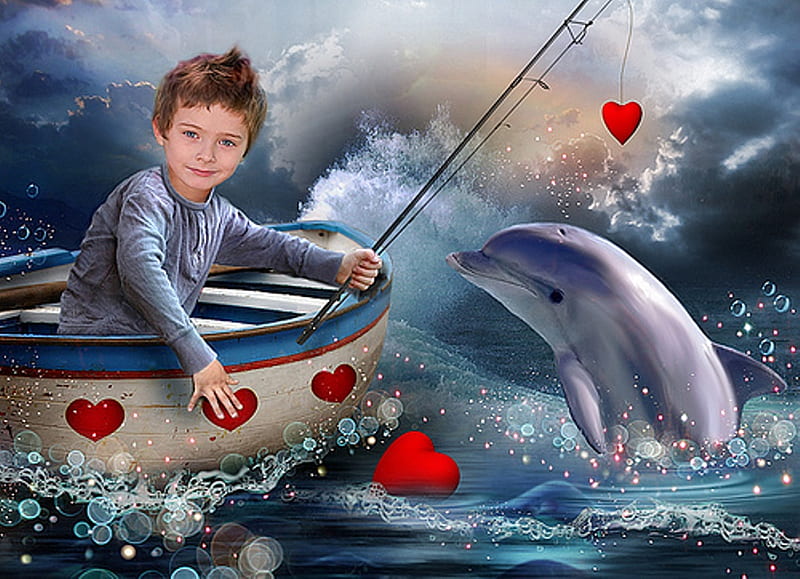 The Dream, row boat, fishing pole, sea abstract valentine day, waves, clouds, corazones, dolphin, boy, 3d, bubbles, HD wallpaper