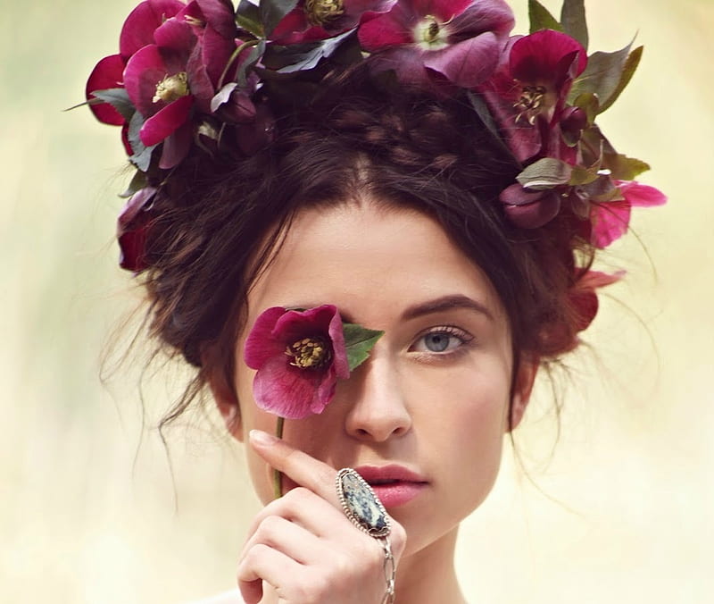 Beauty Red Wreath Model Woman Girl Hand Flower Jewel Face Hd