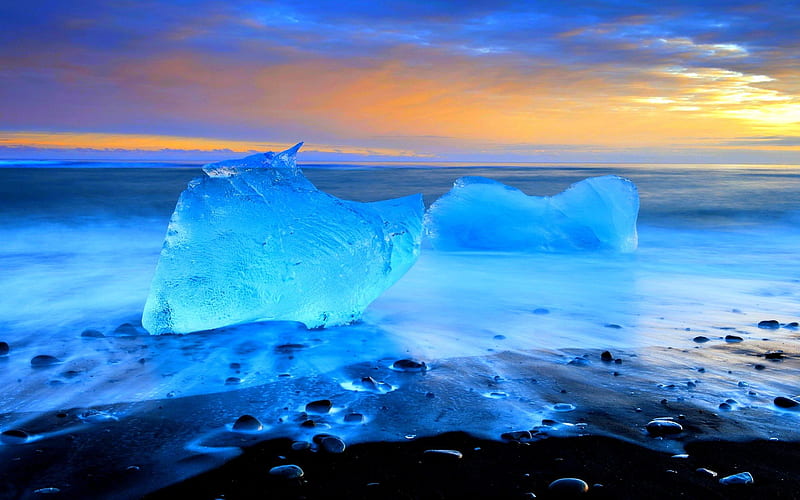 ICE FLOATS, beach, ice, nature, sunset, sea, winter, HD wallpaper