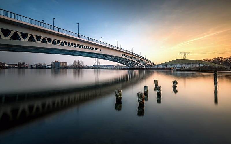 Spree River, sunset, Minna Todenhagen Bridge, Berlin, Germany, HD wallpaper