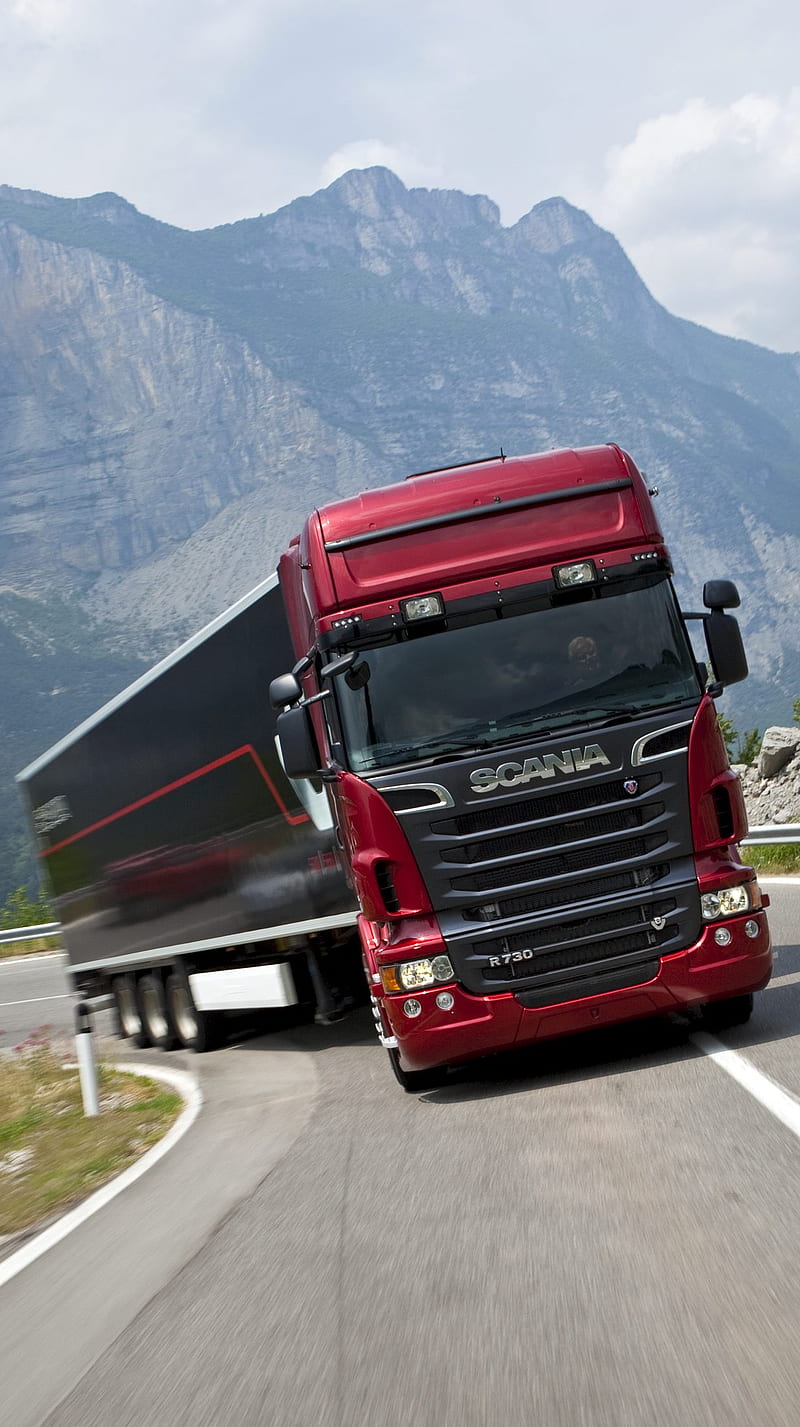 Scania R, fast, landscape, lorry, mountains, red, road, speed, truck, HD phone wallpaper