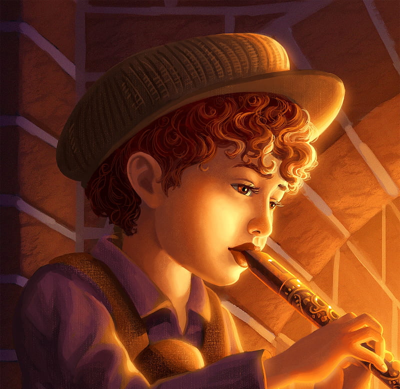 Firelight piper, boy, idiehl, instrument, orange, copil, flute, child, face, hat, HD wallpaper