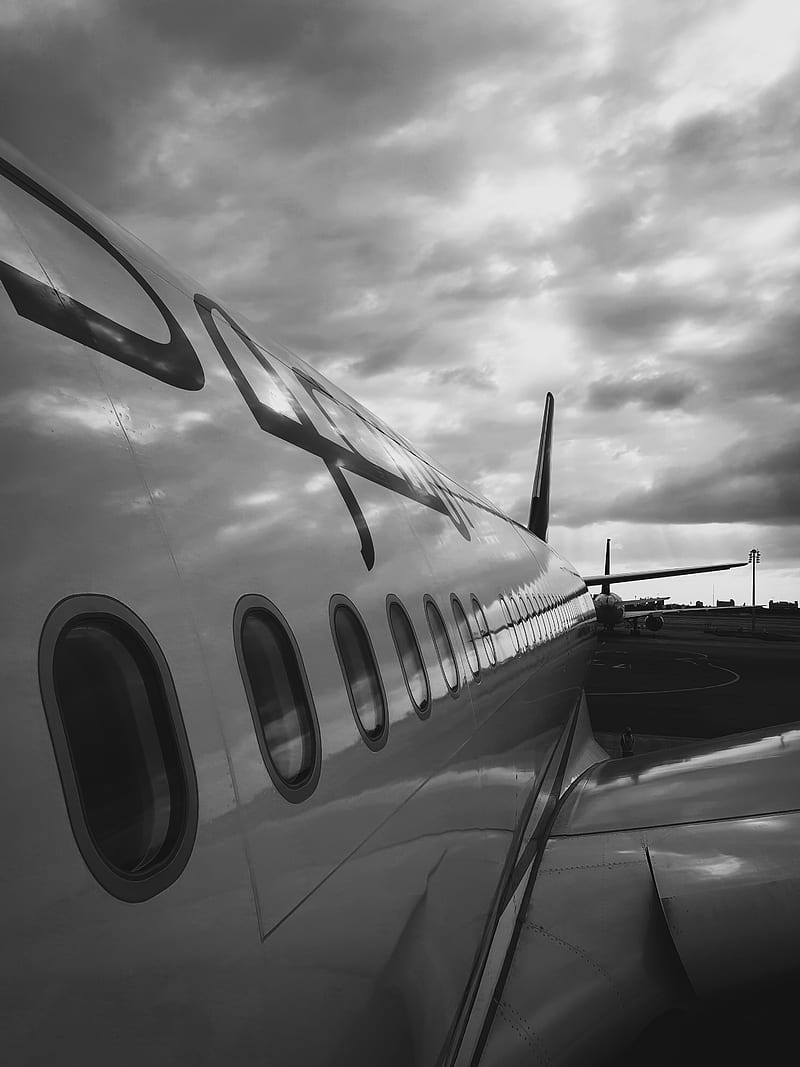Plane, air, airplane, airport, black and white, bw, fly, saudi airline, sky, HD phone wallpaper