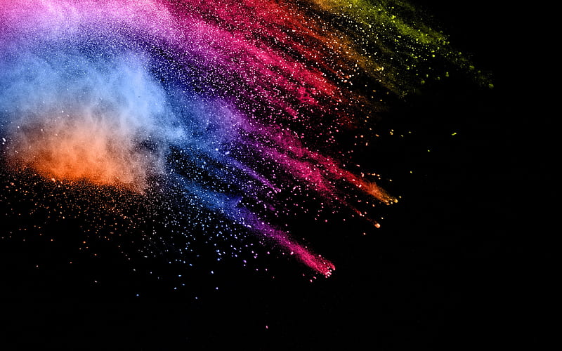 multicolored splashes, black background, colorful paints, colored smoke, splashes, HD wallpaper