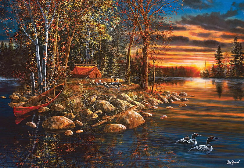 Wake Up Call, nature, tent, forest, stones, sunrise, boat, river, morning, ducks, artwork, painting, trees, HD wallpaper