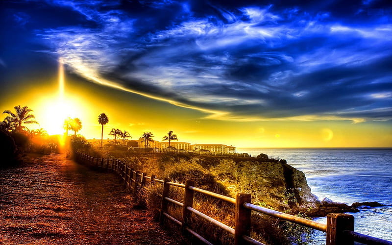 Spectacular Sunset, fence, sun, path, clouds, sky, sea, HD wallpaper ...