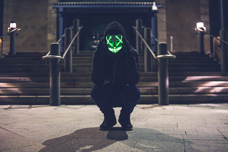 man, mask, hood, anonymous, glow, green, HD wallpaper