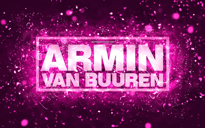 Armin van Buuren purple logo, dutch DJs, purple neon lights, creative, purple abstract background, Armin van Buuren logo, music stars, Armin van Buuren, HD wallpaper