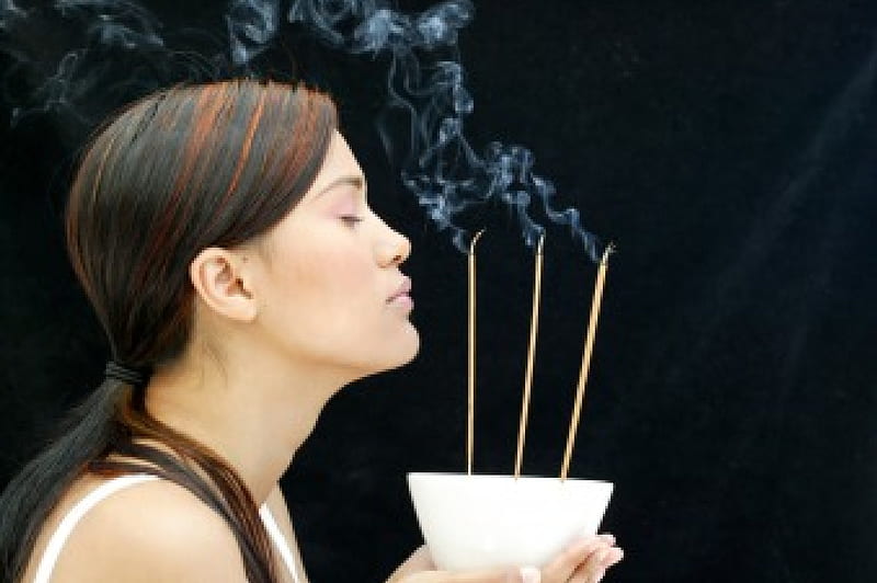 Awakening Your Senses, smelling, incense, girl, fragrance, smoke, HD wallpaper