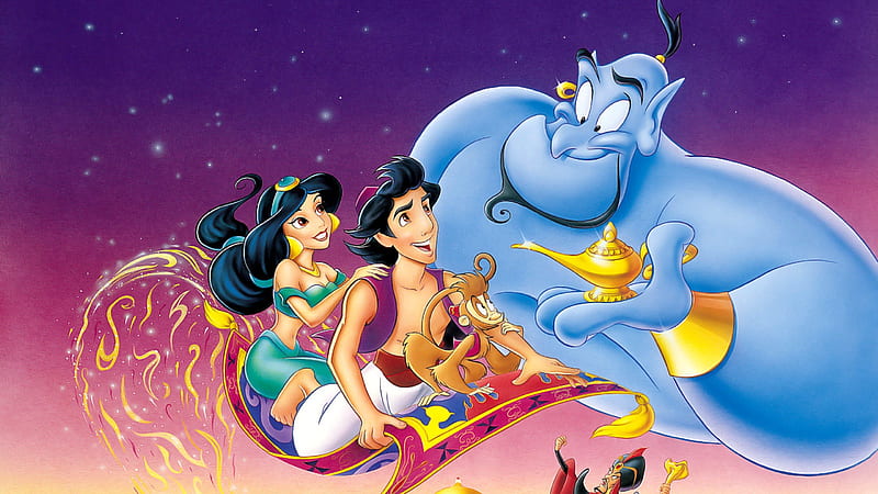 Aladdin (1992), alladin, movie, jasmine, animation, genie, princess, couple, disney, blue, HD wallpaper