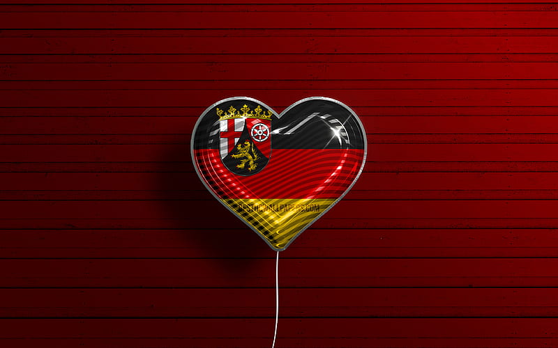 I Love Rhineland-Palatinate realistic balloons, red wooden background, States of Germany, Rhineland-Palatinate flag heart, flag of Rhineland-Palatinate, balloon with flag, German states, Love Rhineland-Palatinate, Germany, HD wallpaper