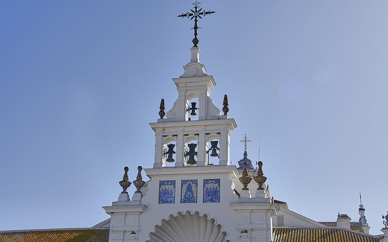 Bell Tower in Rocio, Spain, bells, tower, sky, church, cross, Spain, HD wallpaper