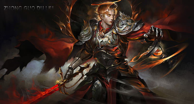 Warrior, armor, red, art, fantasy, wd, luminos, man, HD wallpaper