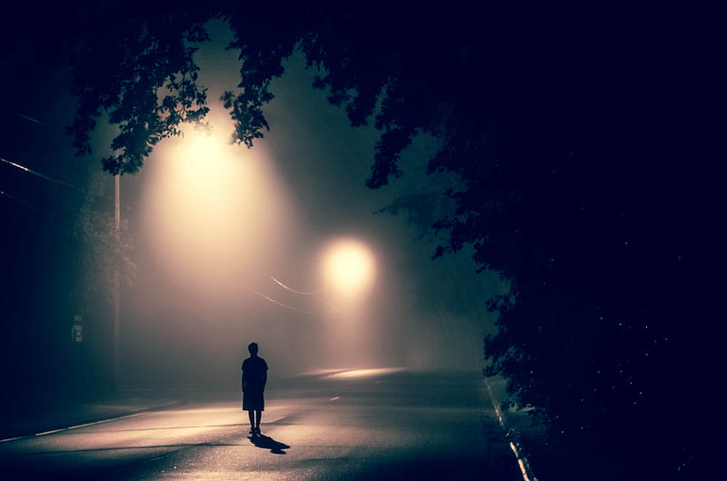 silhouette of person standing on concrete road with streetlights turned on during nighttime, HD wallpaper