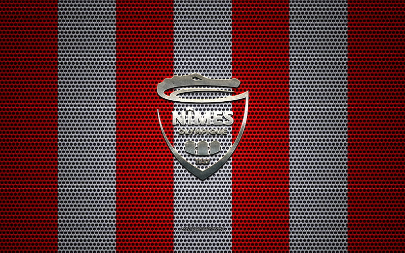 Nimes Olympique logo, French football club, metal emblem, red white metal mesh background, Nimes Olympique, Ligue 1, Nimes, France, football, HD wallpaper