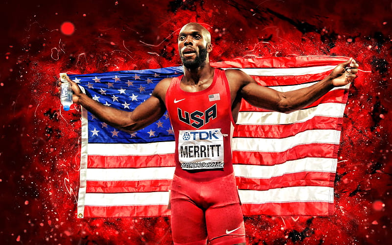 LaShawn Merritt, red neon lights, american sprinter, athlete, USA National Team, creative, LaShawn Merritt with US flag, athletics, LaShawn Merritt, HD wallpaper