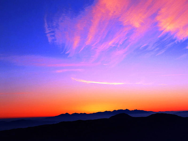 Setting Sun, hills, red, sun, sunset, sky, blue, HD wallpaper