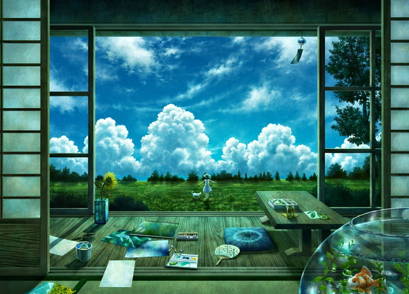 Time out, cloud, luminos, fish, kazami ehoh, interior, manga, sky, girl, green, anime, blue, HD wallpaper
