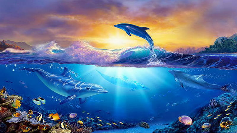 Jewel Sea, coral, sea creatures, dolphins, ocean, HD wallpaper