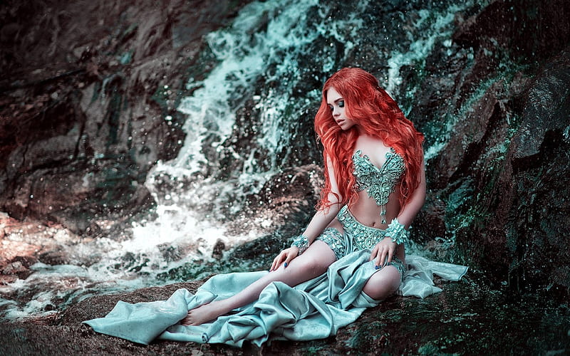 Model, bonito, Waterfall, Rocks, Splash, Red Hair, Aqua Water, Lovely, Aqua Outfit, Water, Mountains, HD wallpaper