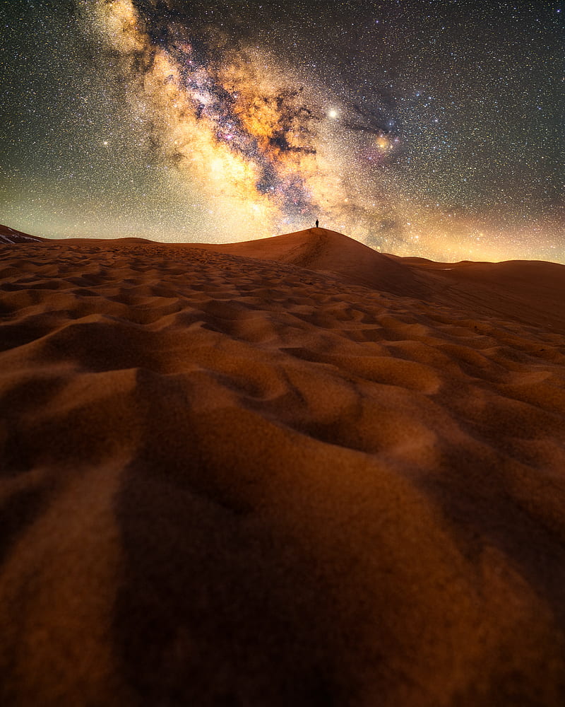 desert, silhouette, alone, starry sky, sand, night, HD phone wallpaper