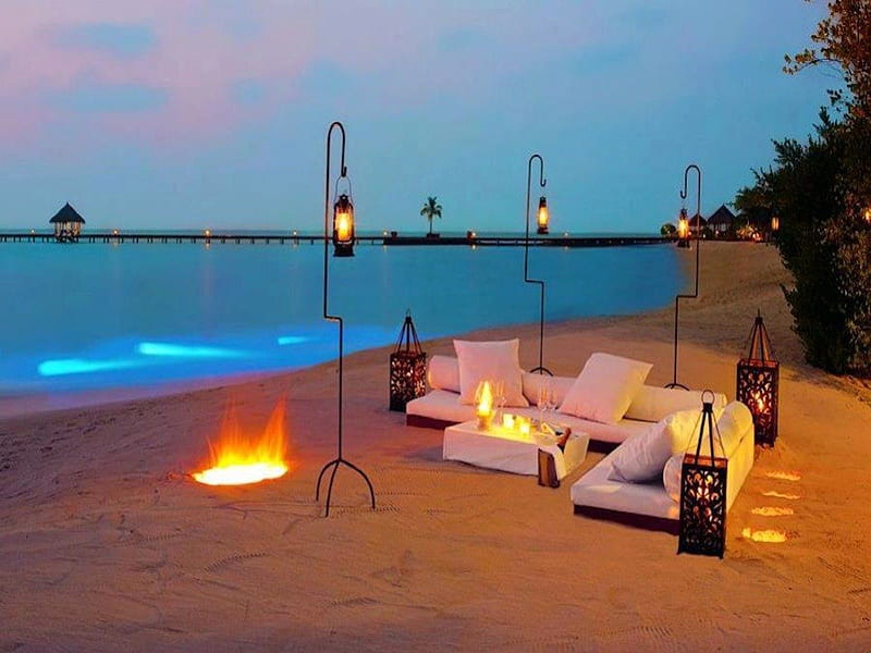 Relax on the Beach in Luxury, beach, fire, sand, romantic, comfort, lights, luxury, style, HD wallpaper