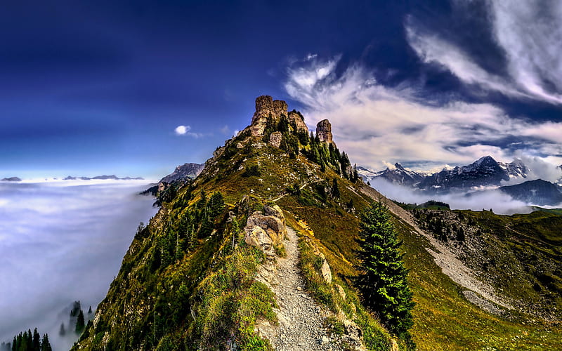 Bernese Alps, mountain range, clouds, mountains, summer, mountain landscape, Alps, Switzerland, HD wallpaper