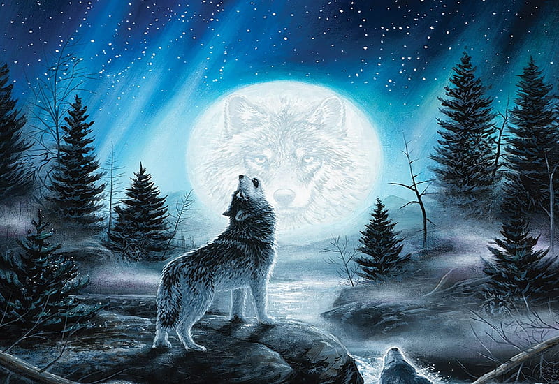Call of the wild, night, howling, moon, painting, wolves, trees ...