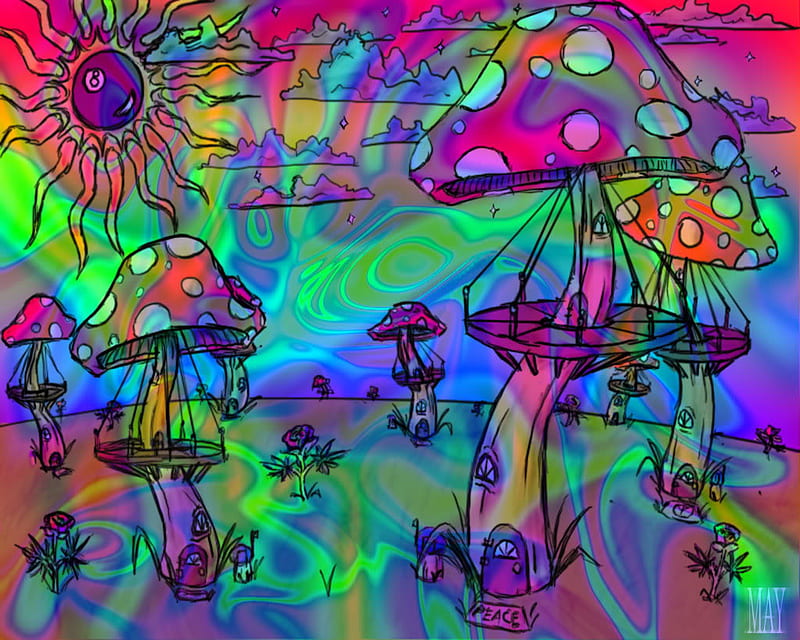 Psychedelic Mushrooms, colourist, fantasy, psicodelia, sun, mushrooms, spiritual, sky, HD wallpaper