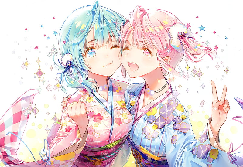Anime girls, friends, kimono, cute, smiling, pink hair, aqua hair, Anime,  HD wallpaper | Peakpx