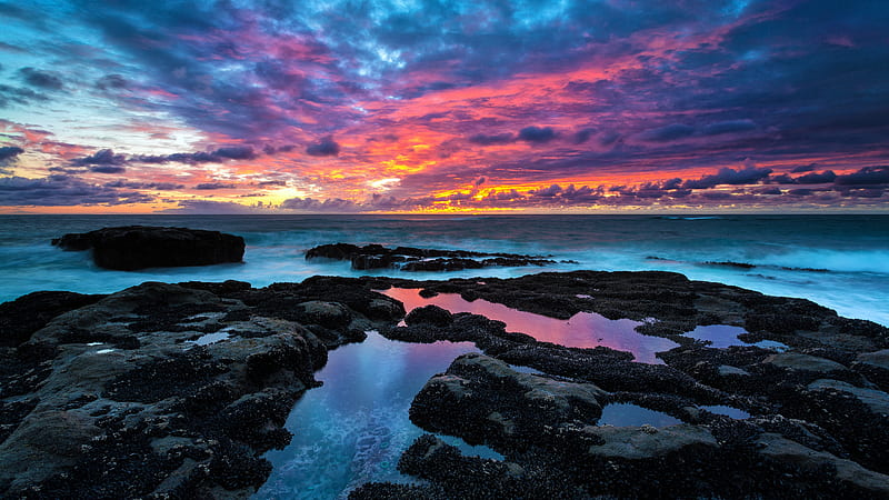 sunset, coast, horizon, clouds, rocks, ocean, waves, Nature, HD wallpaper