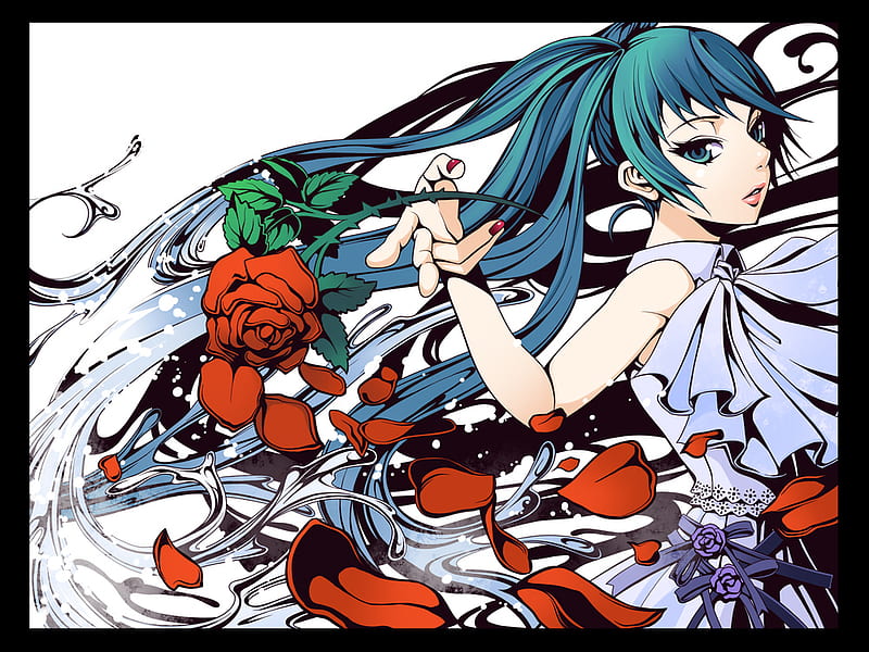 Hatsune Miku, red, dress, ribbon, miku, roses, pail, hatsune, water, green, petals, HD wallpaper