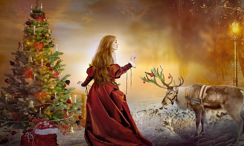 Christmas Fantasy Girl, glitter, deer, lights, Christmas, red, Christmas tree, dreamy, holiday, fantasy girl, fantasty, digital, magical, HD wallpaper