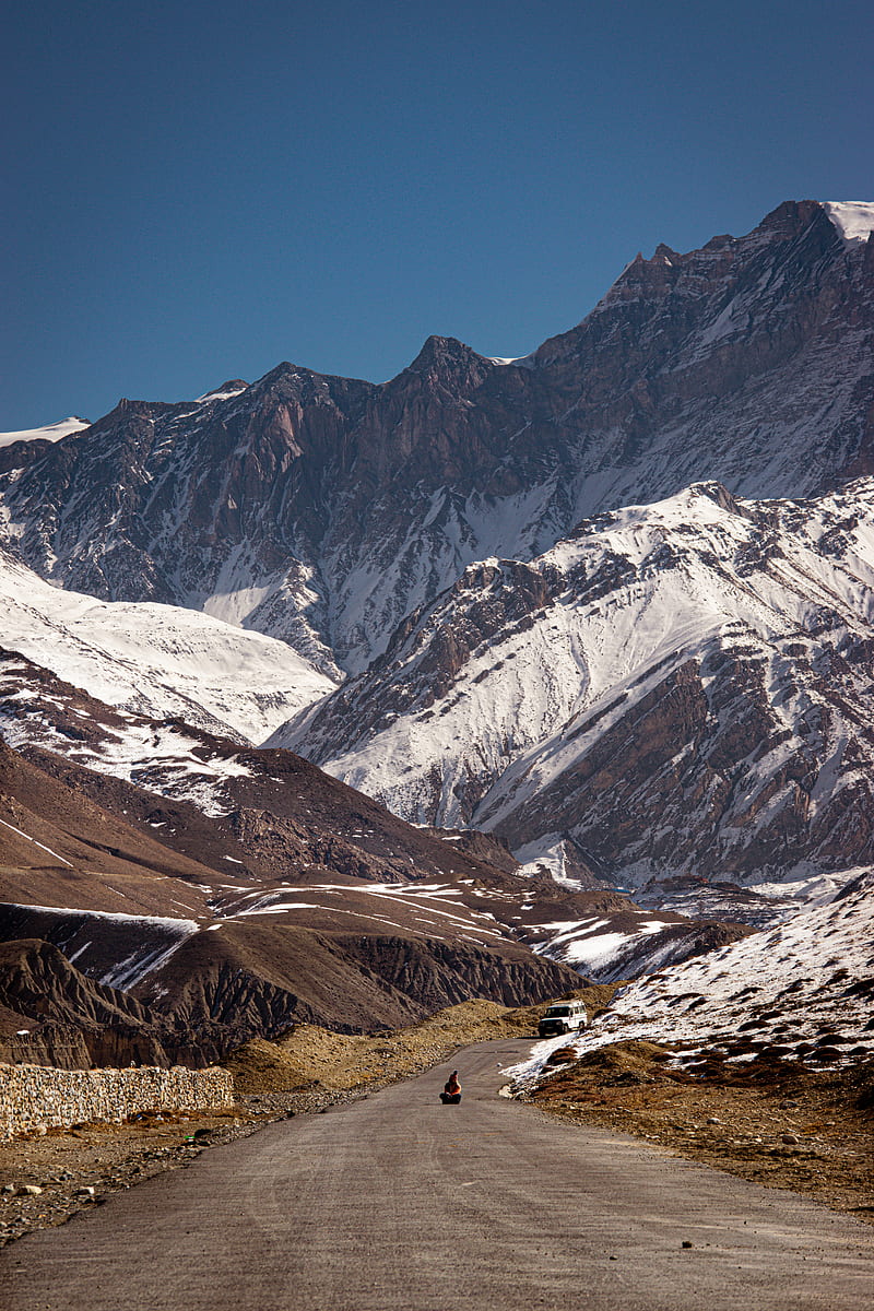 Mustang, blue, full, mountain, nepal, road, roadtrip, sky, snow, HD phone wallpaper