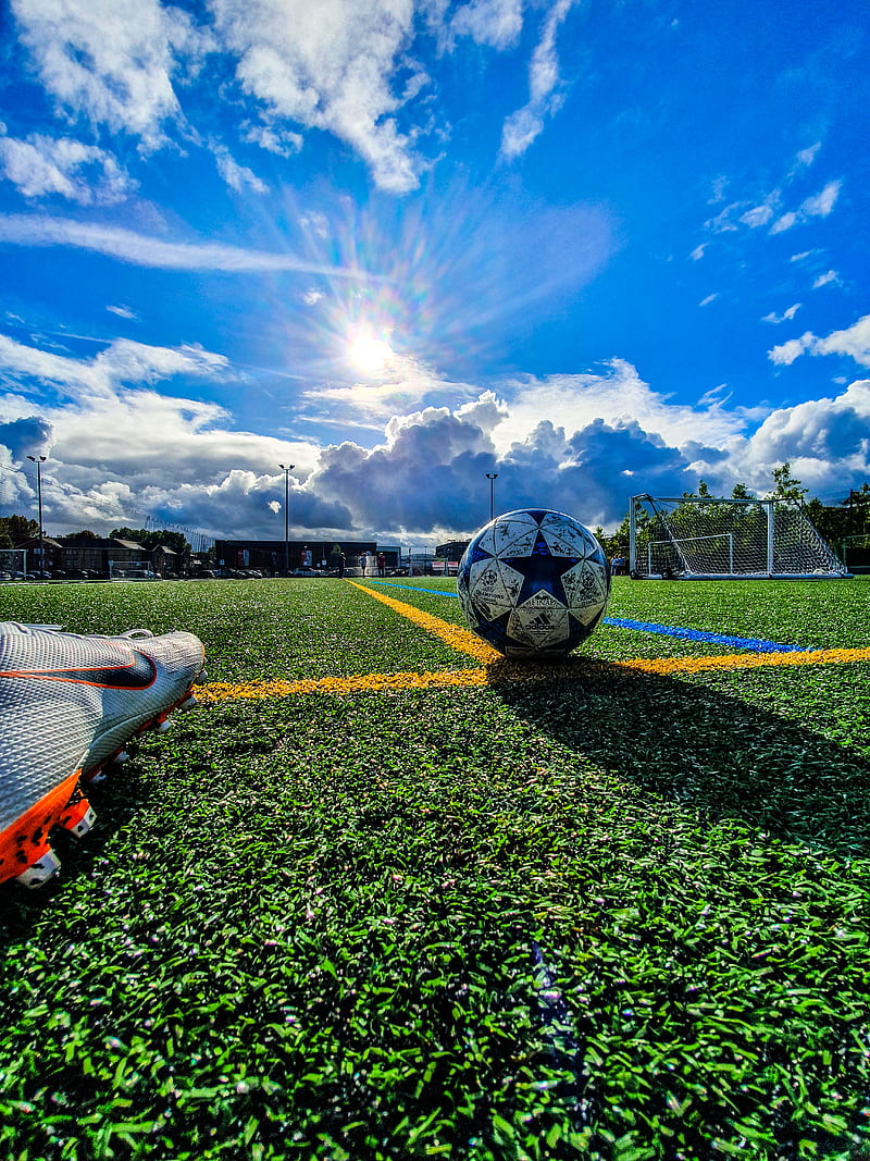 blue and grey soccer ball on green field under white and blue sky during daytime, HD phone wallpaper