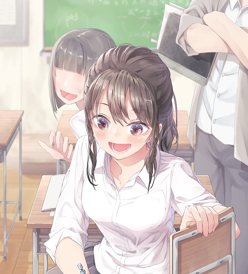 P Free Download Anime Babe Girl Teacher Classroom Happy Face Brown Hair Anime HD