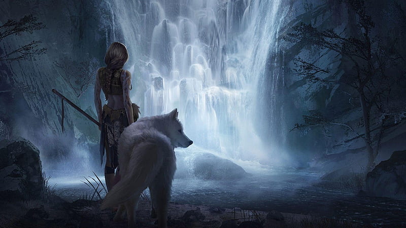 waterfalls, woman, girl, rocks, pools, art, wolf, river, HD wallpaper
