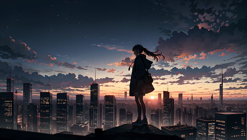 Anime Girl Sunrise City Scenery 4K Wallpaper iPhone HD Phone #7950h