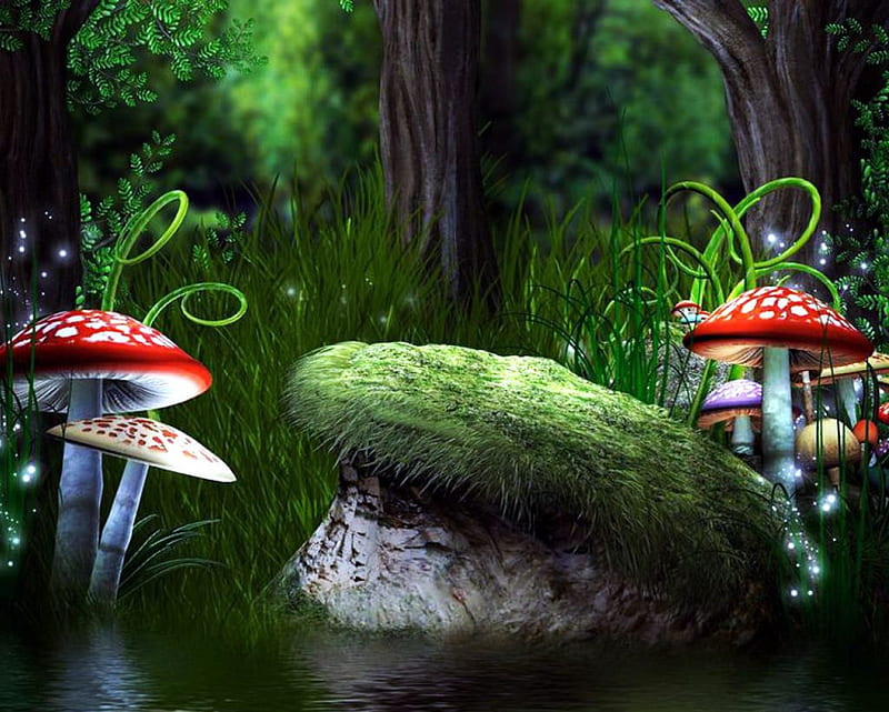 Fairy Forest, grass, digital, fly mushrooms, mushrooms, trees, artwork, mystic, HD wallpaper