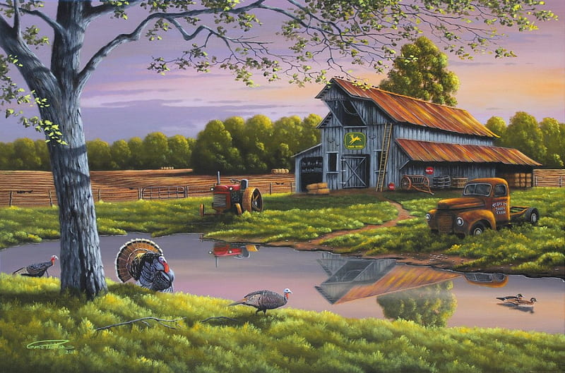 Spring Fling, pond, turkeys, tractor, car, painting, artwork, barn, vintage, HD wallpaper
