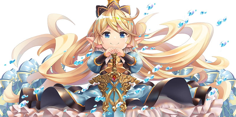 charlotta, granblue fantasy, blonde, loli, cute, smiling, sword, elf ears, Anime, HD wallpaper