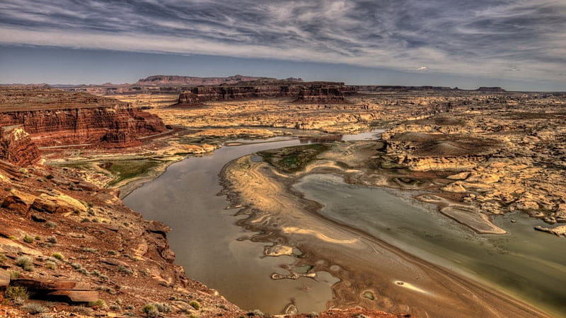 drying river in a beautiful canyon, river, desert, arid, canyon, HD wallpaper
