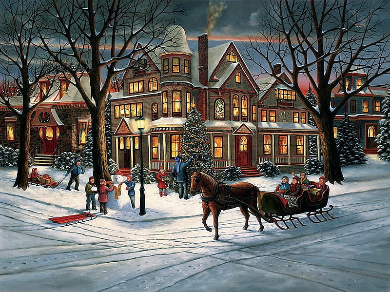 Victorian Christmas, snow, people, village, trees, horse, vintage, winter, sleigh, houses, painting, HD wallpaper