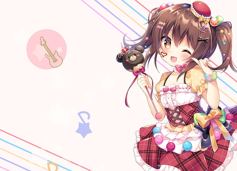 anime girl, wink, loli, dress, brown hair, twintails, cute, red eyes, fang, Anime, HD wallpaper