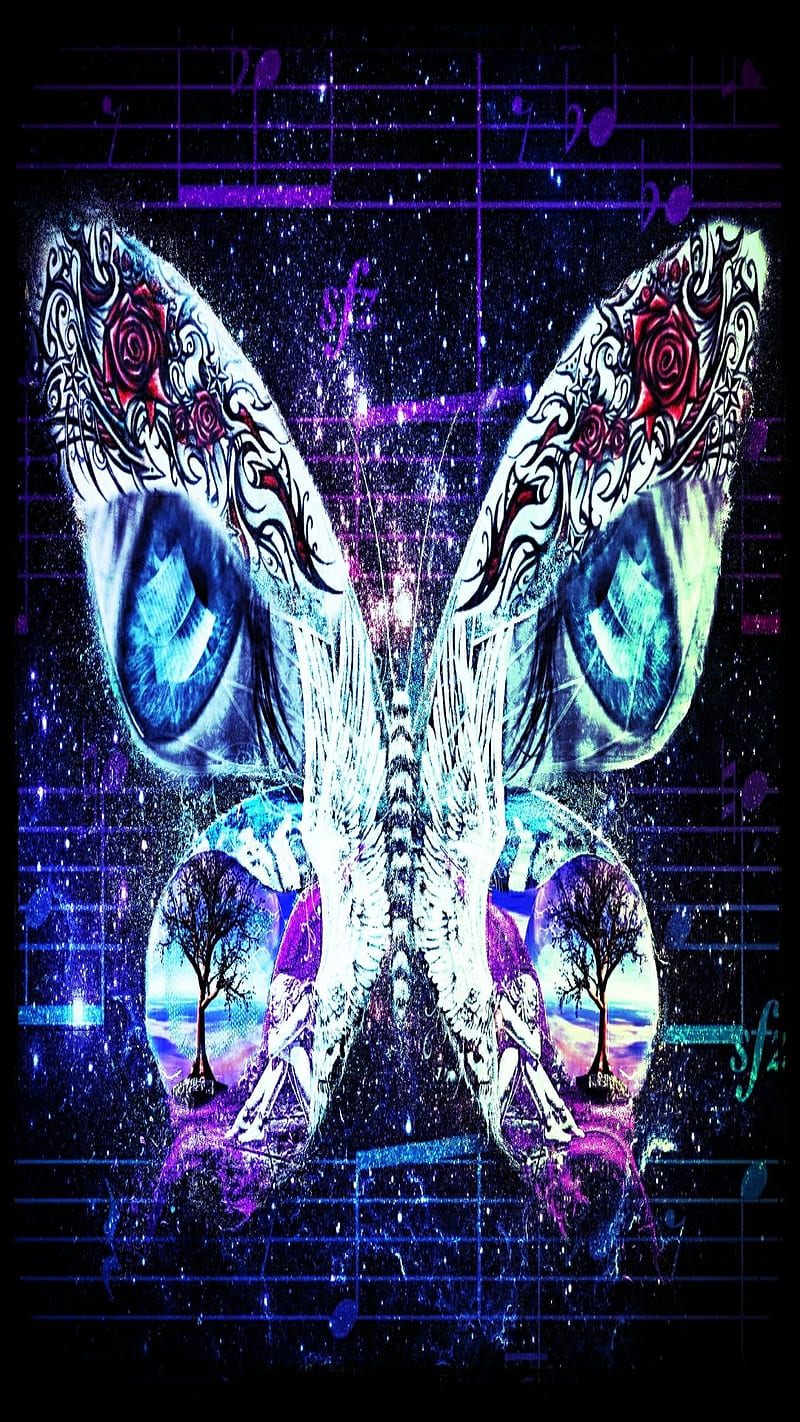 Butterfly Collage, angel, butterfly, eyes, music, tattoo, tree, HD phone wallpaper