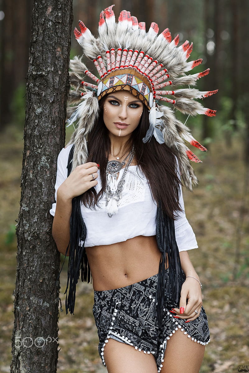 Tomash Masojc, women, dark hair, long hair, straight hair, hair accessories, Native American clothing, blouse, necklace, white clothing, skirt, trees, face paint, red nails, blue eyes, rings, feathers, bracelets, jewelry, HD phone wallpaper