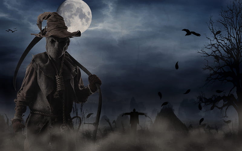 The Scarecrow, moon, spooky, scythe, scary, fog, ravens, HD wallpaper