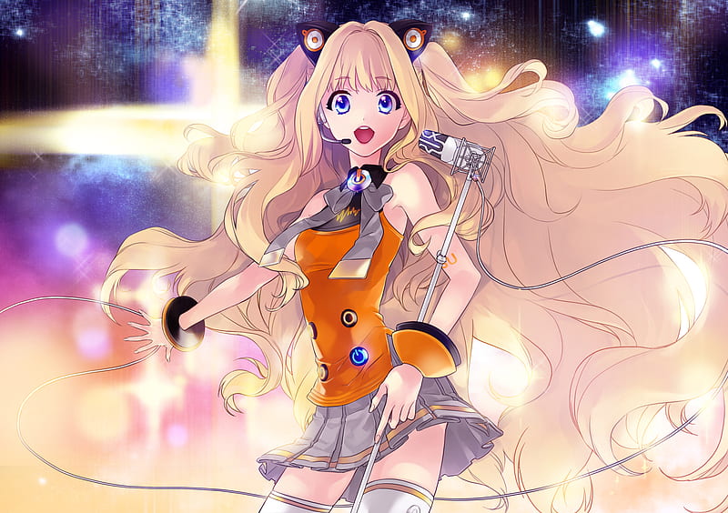 SeeU, bracelet, sound, rock, bow, thighhighs, microphone stand, hot, anime girl, sing, vocaloids, long hair, headphone, star, vocaloid, female, animal ears, music, open mouth, blonde hair, sexy, jewelry, microphone, cool, song, hair bow, HD wallpaper